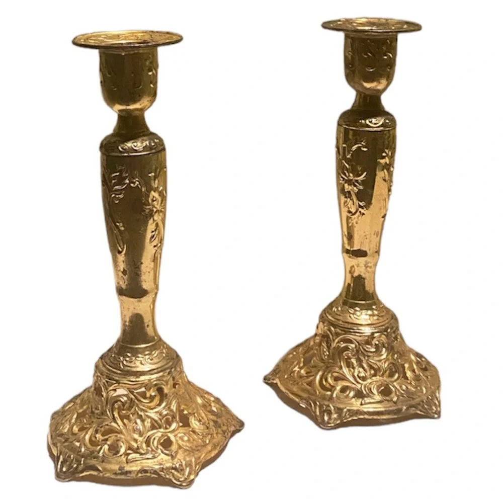 Vintage Candlesticks Set Candle Holders Ornate Cast Metal Brass Gold Filigree